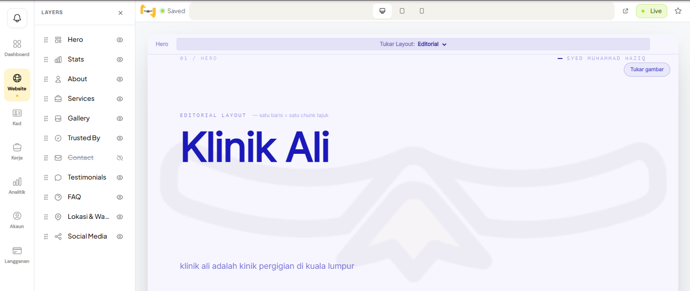 KadMeHQ builder preview showing the current Site editing experience